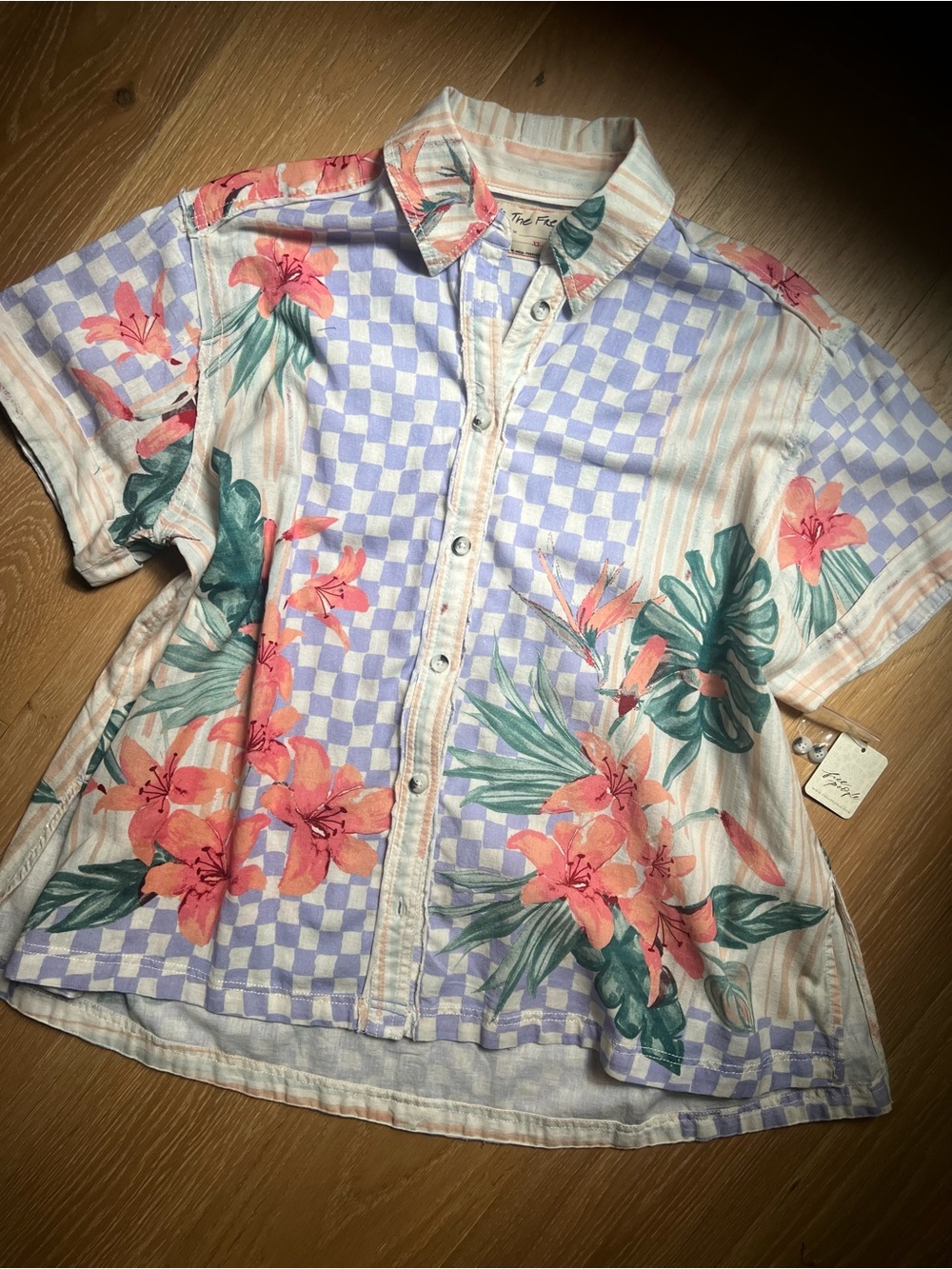 Free People Lavender Checkerboard Tropical Button-Up